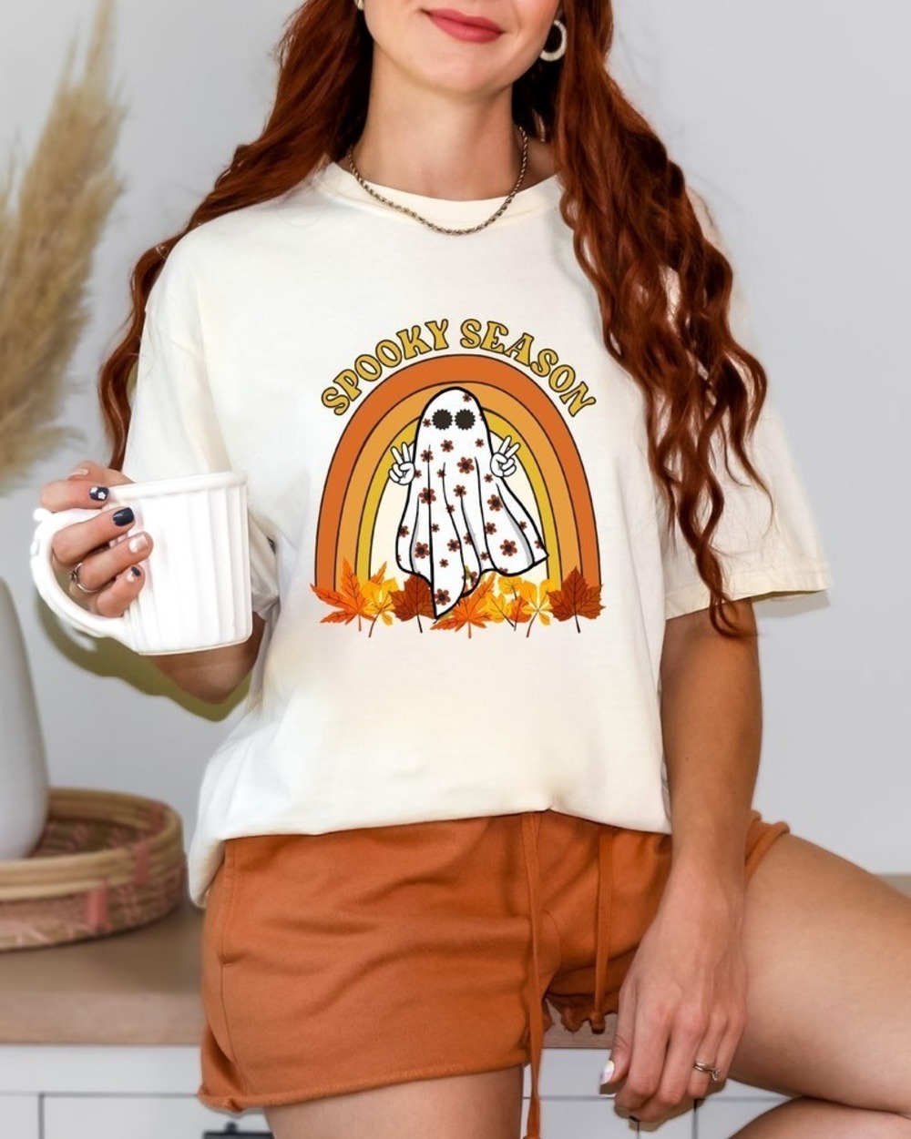 Retro Halloween Shirt Spooky Season Cute Ghost Fall Rainbow Autumn Womens